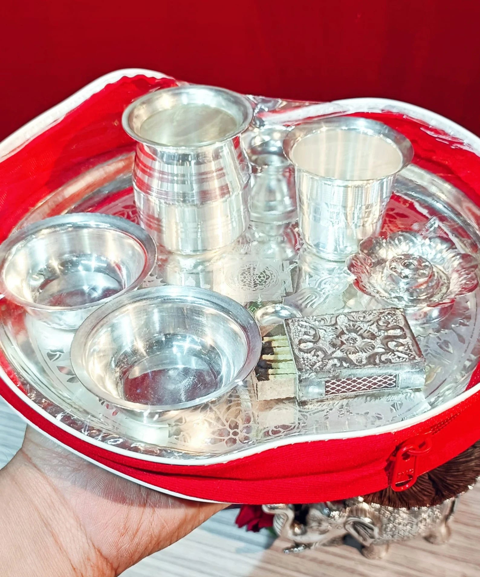 German Silver Laxmi Ganesh Engraved Pooja Set - Set of 8 Pieces